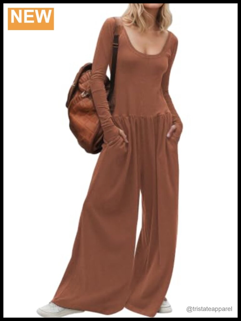 Women Long Sleeve Wide Leg Jumpsuit Scoop Neck Thumb Holes Pockets